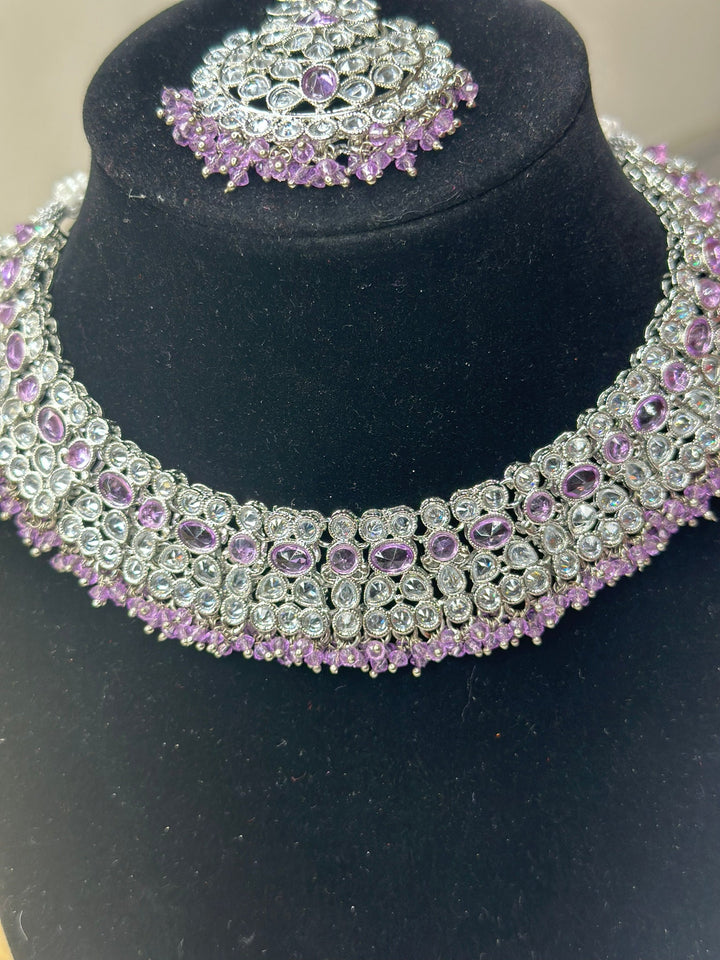 Izhaar Indian Purple Color Polki Reverse AD Necklace with Earrings Tikka/ Wedding Jewelry/ Traditional Jewelry/Wedding/Reverse AD.