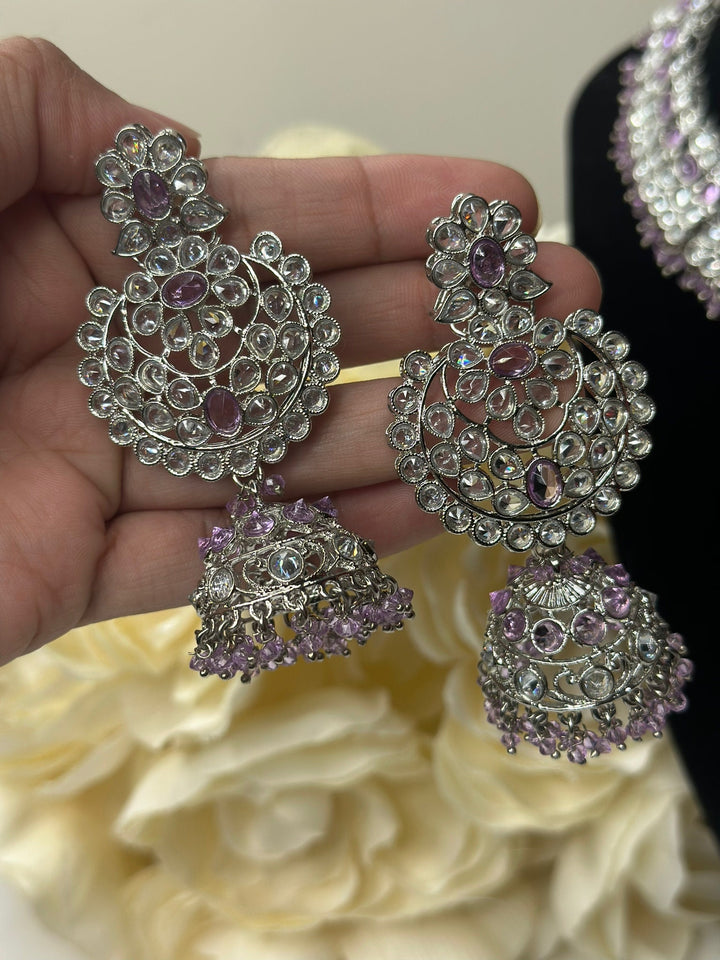 Izhaar Indian Purple Color Polki Reverse AD Necklace with Earrings Tikka/ Wedding Jewelry/ Traditional Jewelry/Wedding/Reverse AD.