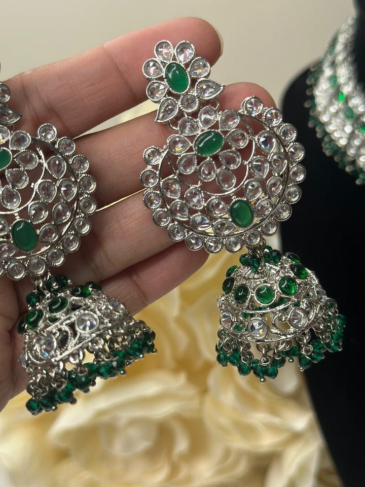 Izhaar Indian Green Color Polki Reverse AD Necklace with Earrings Tikka/ Wedding Jewelry/ Traditional Jewelry/Wedding/Reverse AD.
