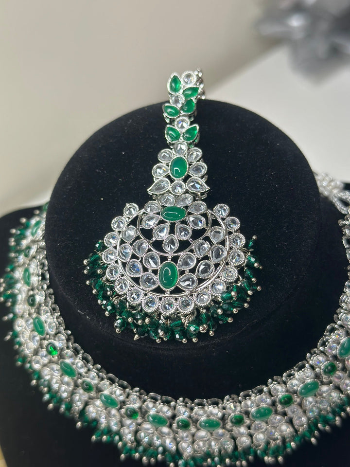 Izhaar Indian Green Color Polki Reverse AD Necklace with Earrings Tikka/ Wedding Jewelry/ Traditional Jewelry/Wedding/Reverse AD.