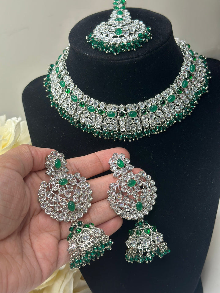 Izhaar Indian Green Color Polki Reverse AD Necklace with Earrings Tikka/ Wedding Jewelry/ Traditional Jewelry/Wedding/Reverse AD.