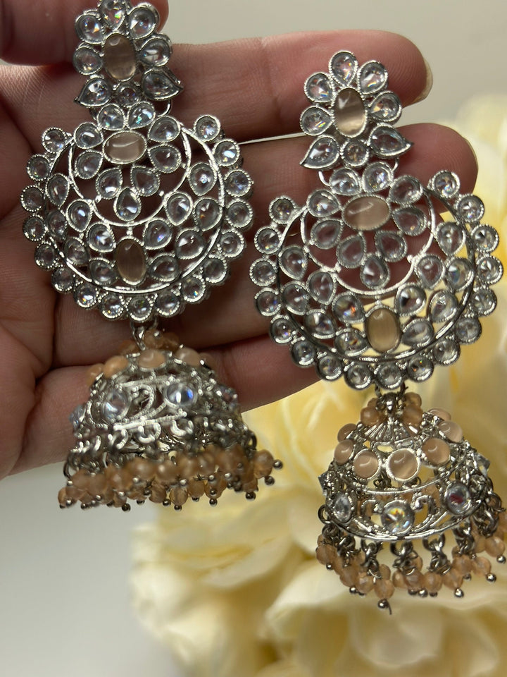 Izhaar Indian Peach Color Polki Reverse AD Necklace with Earrings Tikka/ Wedding Jewelry/ Traditional Jewelry/Wedding/Reverse AD.