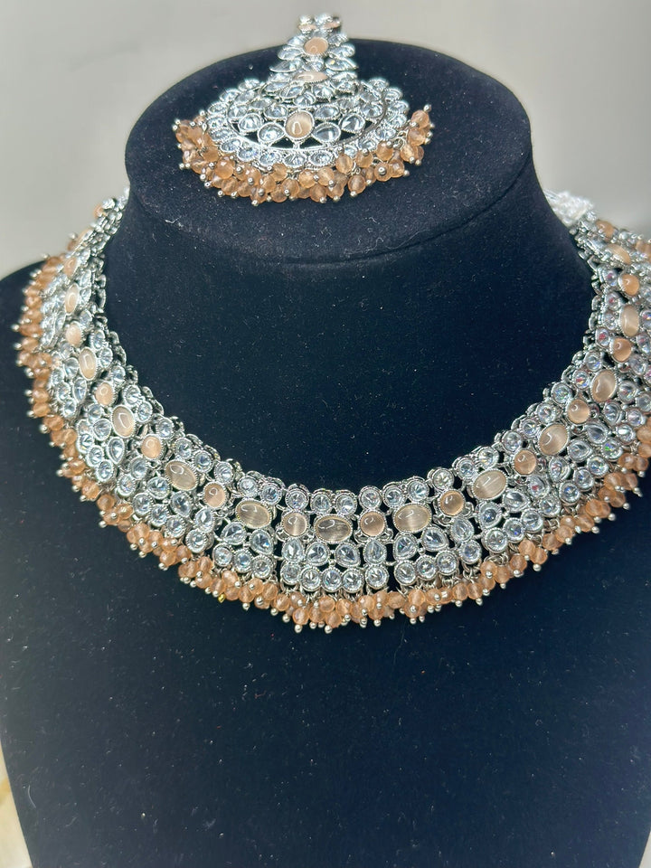 Izhaar Indian Peach Color Polki Reverse AD Necklace with Earrings Tikka/ Wedding Jewelry/ Traditional Jewelry/Wedding/Reverse AD.