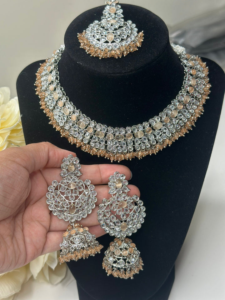 Izhaar Indian Peach Color Polki Reverse AD Necklace with Earrings Tikka/ Wedding Jewelry/ Traditional Jewelry/Wedding/Reverse AD.