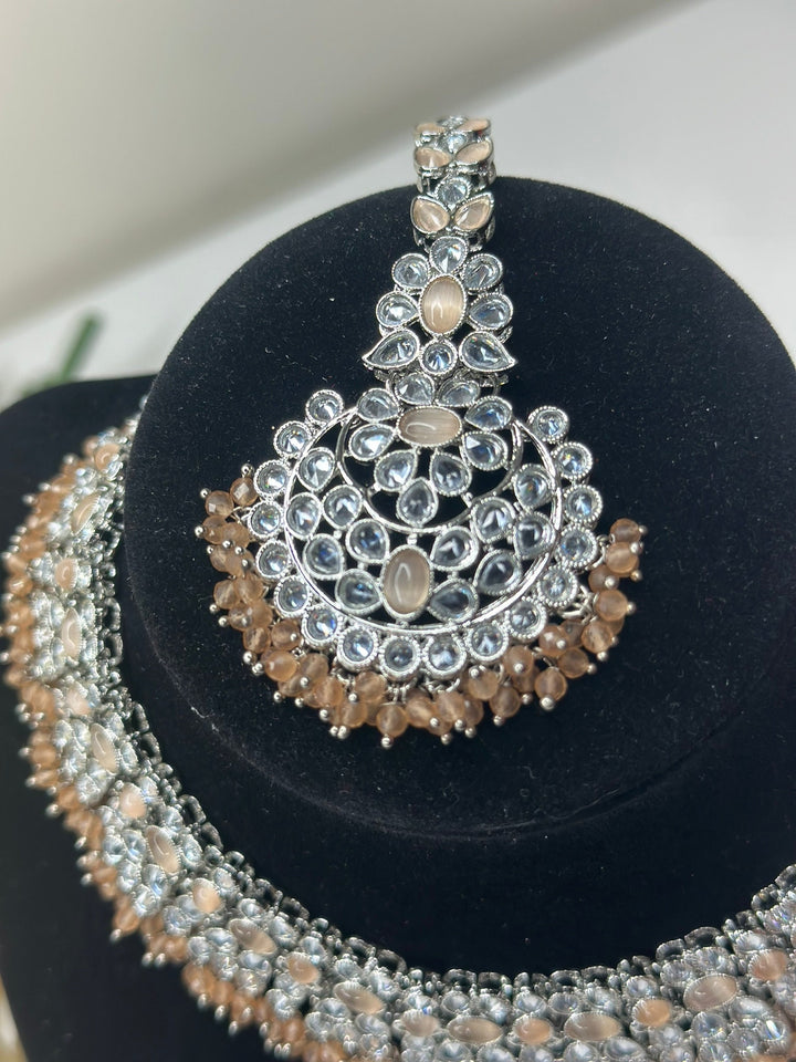 Izhaar Indian Peach Color Polki Reverse AD Necklace with Earrings Tikka/ Wedding Jewelry/ Traditional Jewelry/Wedding/Reverse AD.