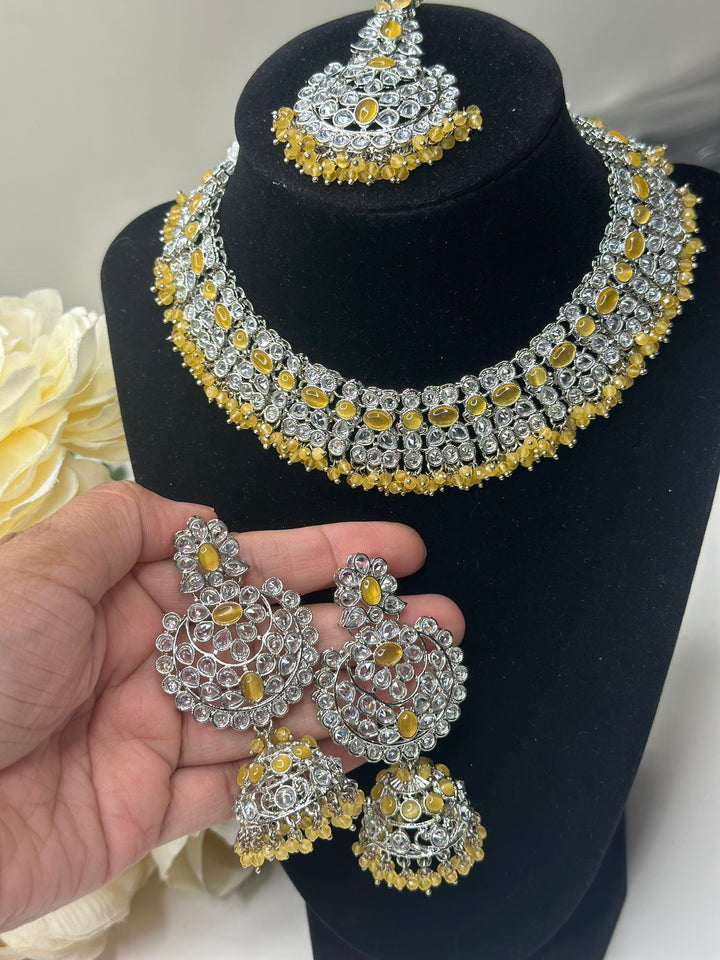 Izhaar Indian Yellow Color Polki Reverse AD Necklace with Earrings Tikka/ Wedding Jewelry/ Traditional Jewelry/Wedding/Reverse AD.