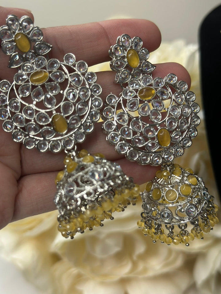 Izhaar Indian Yellow Color Polki Reverse AD Necklace with Earrings Tikka/ Wedding Jewelry/ Traditional Jewelry/Wedding/Reverse AD.