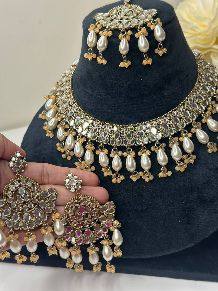 Izhaar Indian Peach Polki Kundan Necklace with Earrings Tikka / Wedding Jewelry/ Traditional Jewelry/ Sheesha Kundan/ Indian Pakistani set