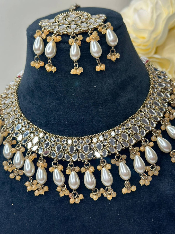 Izhaar Indian Peach Polki Kundan Necklace with Earrings Tikka / Wedding Jewelry/ Traditional Jewelry/ Sheesha Kundan/ Indian Pakistani set