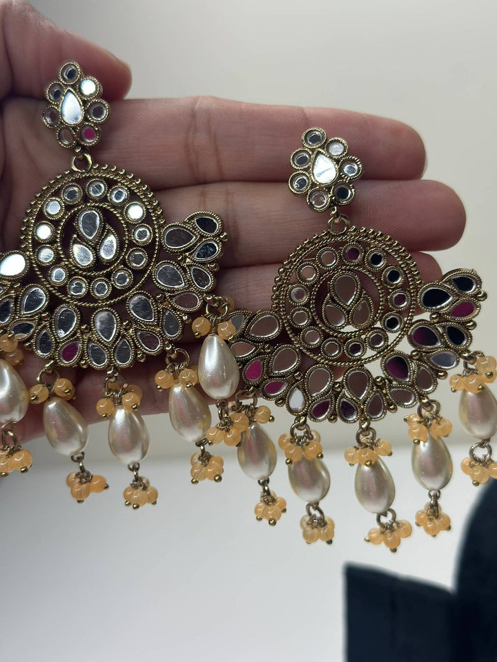 Izhaar Indian Peach Polki Kundan Necklace with Earrings Tikka / Wedding Jewelry/ Traditional Jewelry/ Sheesha Kundan/ Indian Pakistani set
