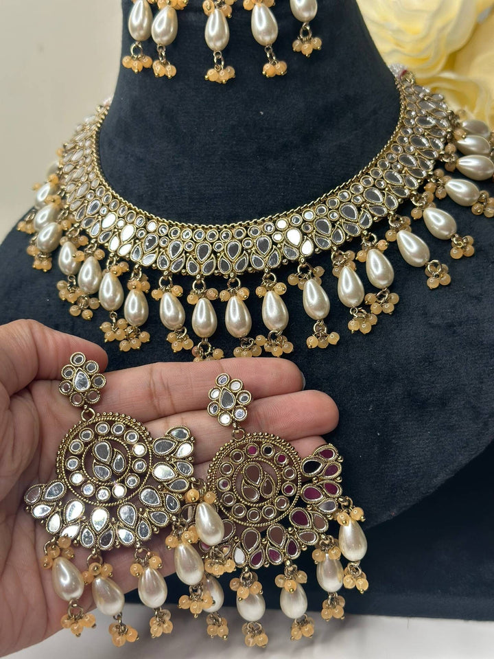 Izhaar Indian Peach Polki Kundan Necklace with Earrings Tikka / Wedding Jewelry/ Traditional Jewelry/ Sheesha Kundan/ Indian Pakistani set