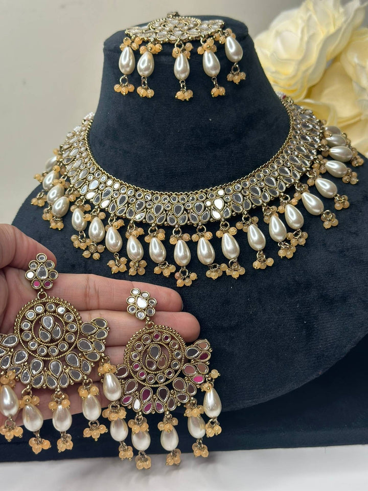 Izhaar Indian Peach Polki Kundan Necklace with Earrings Tikka / Wedding Jewelry/ Traditional Jewelry/ Sheesha Kundan/ Indian Pakistani set