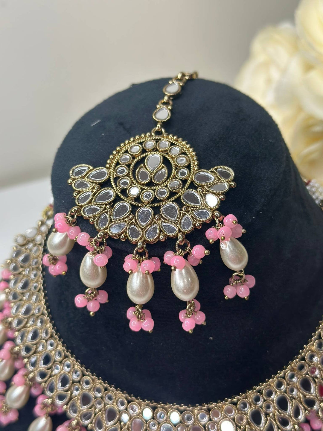 Izhaar Indian L. Pink Polki Kundan Necklace with Earrings Tikka / Wedding Jewelry/ Traditional Jewelry/ Sheesha Kundan/ Indian Pakistani set