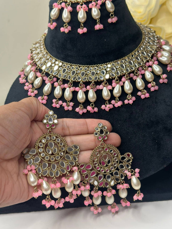Izhaar Indian L. Pink Polki Kundan Necklace with Earrings Tikka / Wedding Jewelry/ Traditional Jewelry/ Sheesha Kundan/ Indian Pakistani set