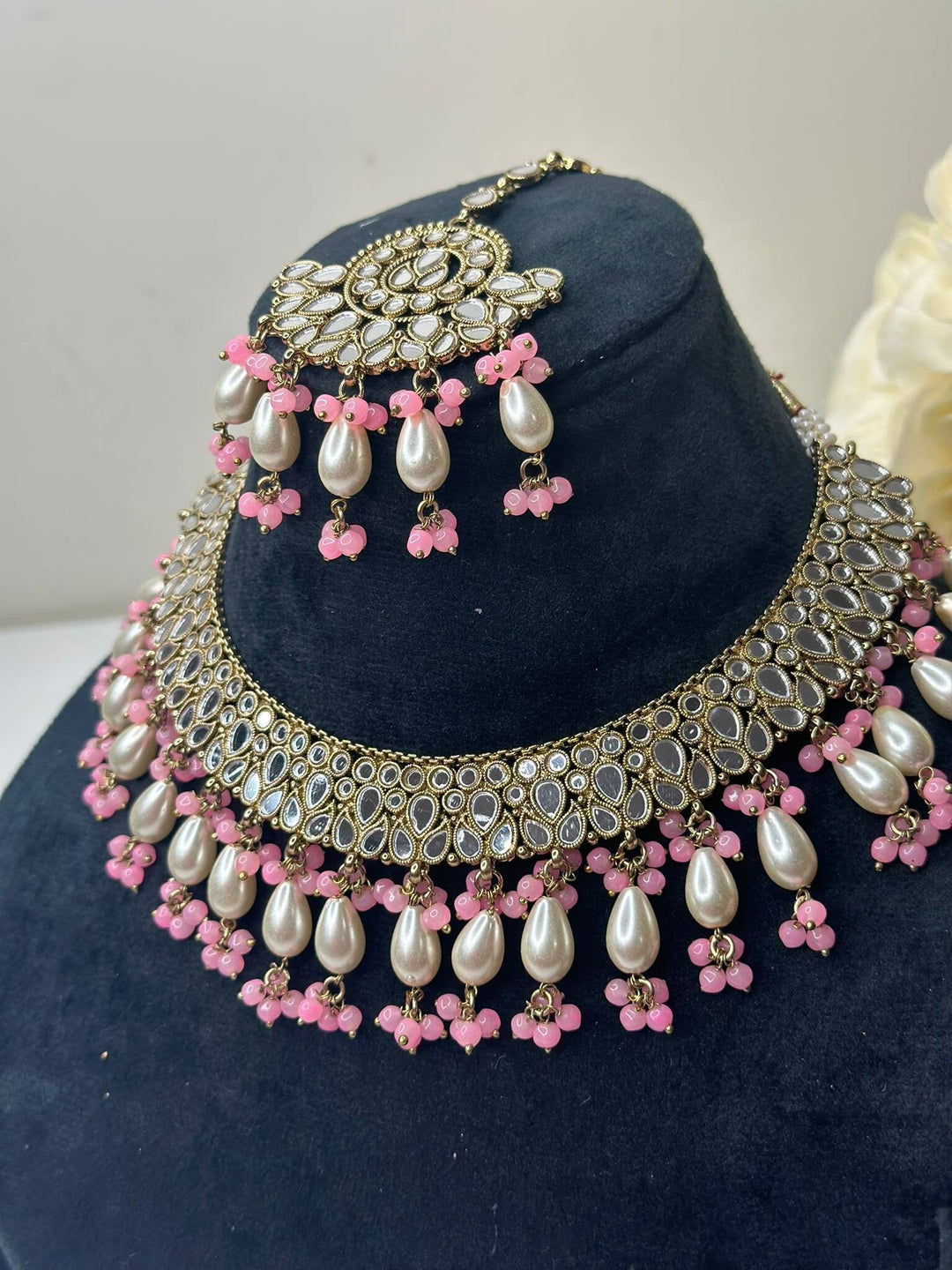Izhaar Indian L. Pink Polki Kundan Necklace with Earrings Tikka / Wedding Jewelry/ Traditional Jewelry/ Sheesha Kundan/ Indian Pakistani set