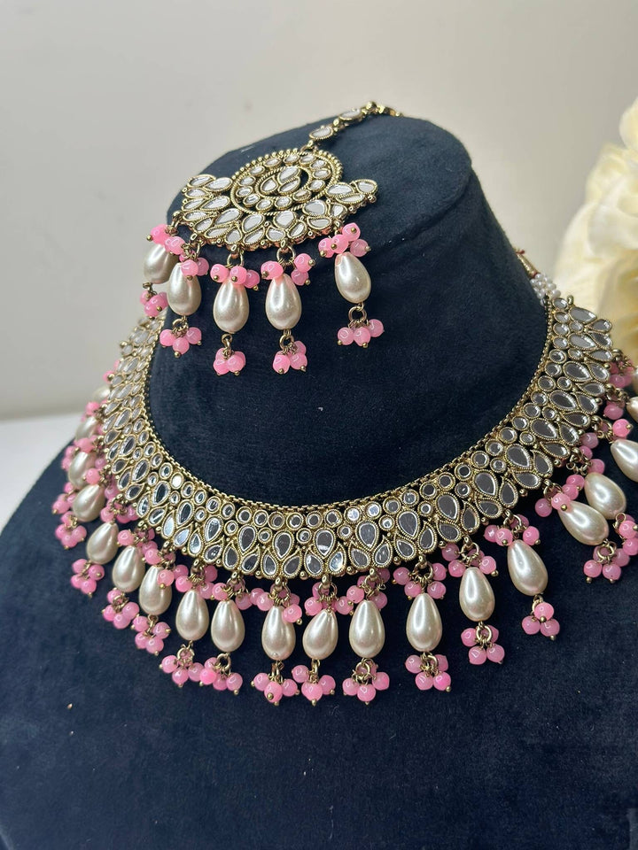 Izhaar Indian L. Pink Polki Kundan Necklace with Earrings Tikka / Wedding Jewelry/ Traditional Jewelry/ Sheesha Kundan/ Indian Pakistani set