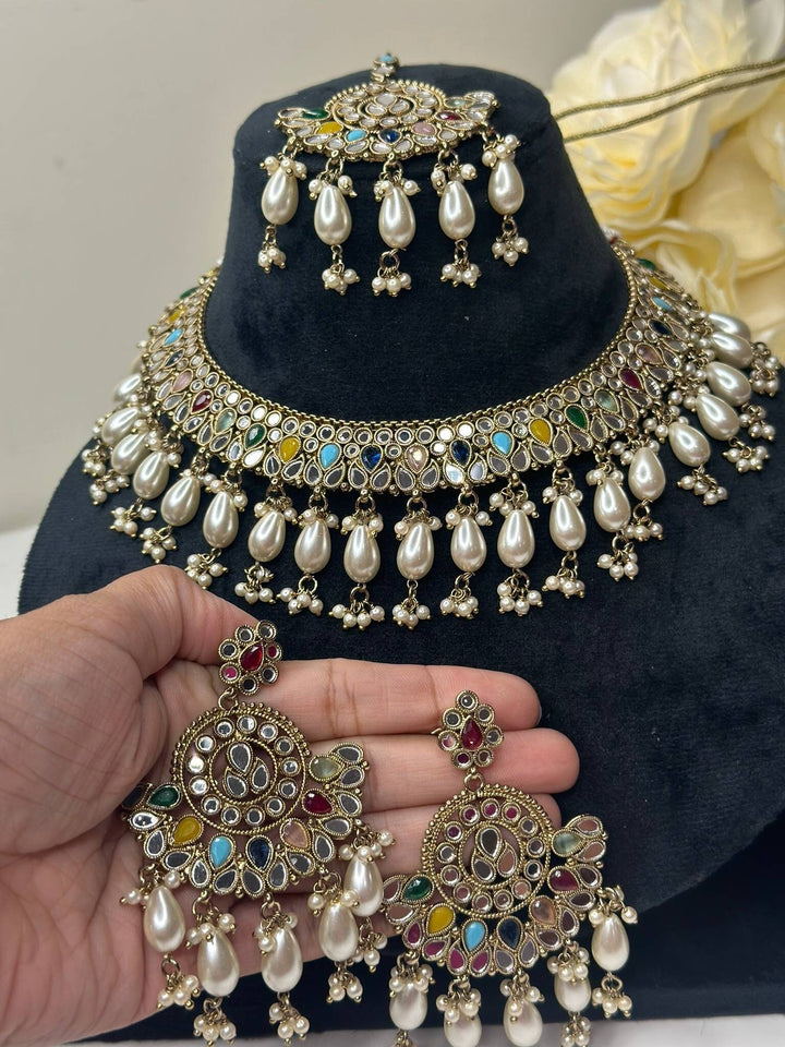 Izhaar Indian Multi Polki Kundan Necklace with Earrings Tikka / Wedding Jewelry/ Traditional Jewelry/ Sheesha Kundan/ Indian Pakistani set
