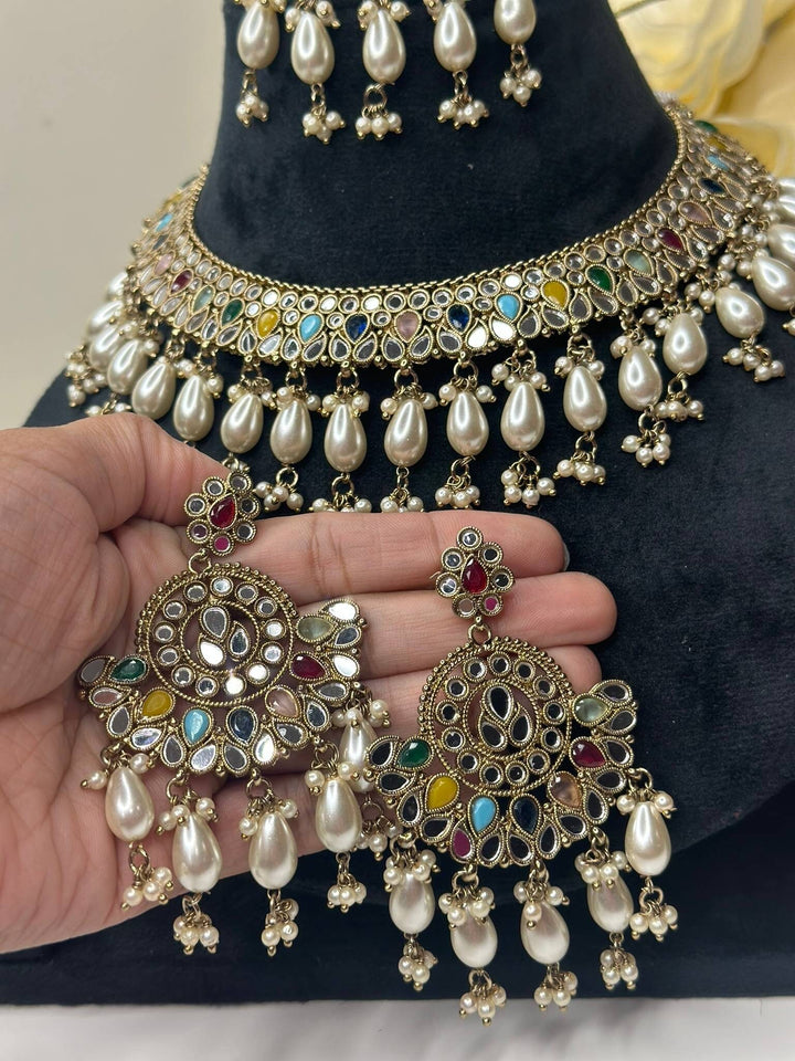 Izhaar Indian Multi Polki Kundan Necklace with Earrings Tikka / Wedding Jewelry/ Traditional Jewelry/ Sheesha Kundan/ Indian Pakistani set