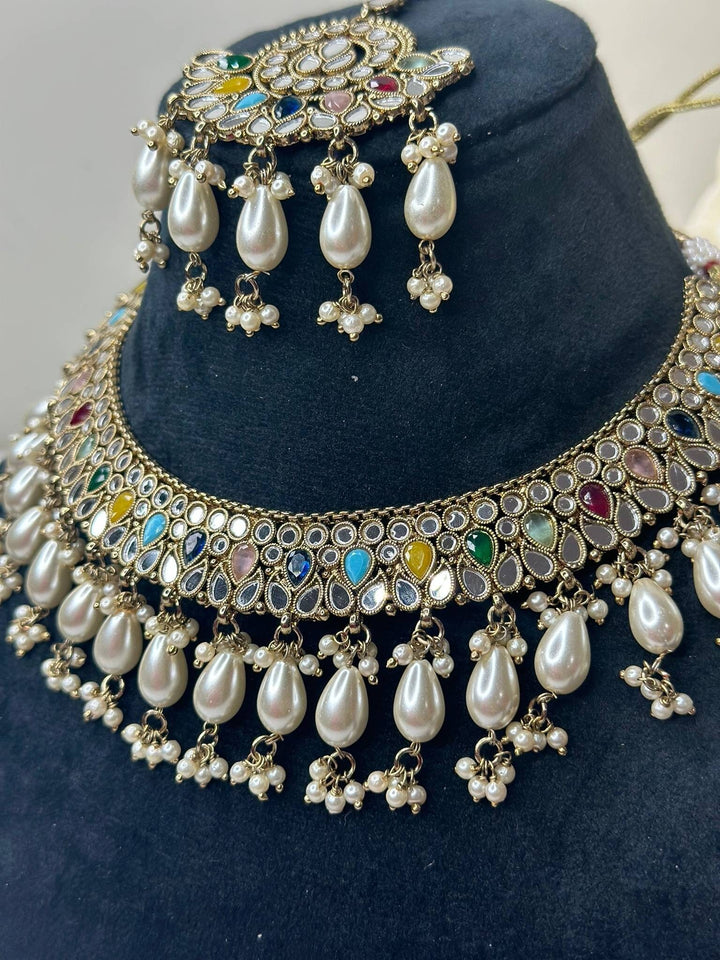 Izhaar Indian Multi Polki Kundan Necklace with Earrings Tikka / Wedding Jewelry/ Traditional Jewelry/ Sheesha Kundan/ Indian Pakistani set