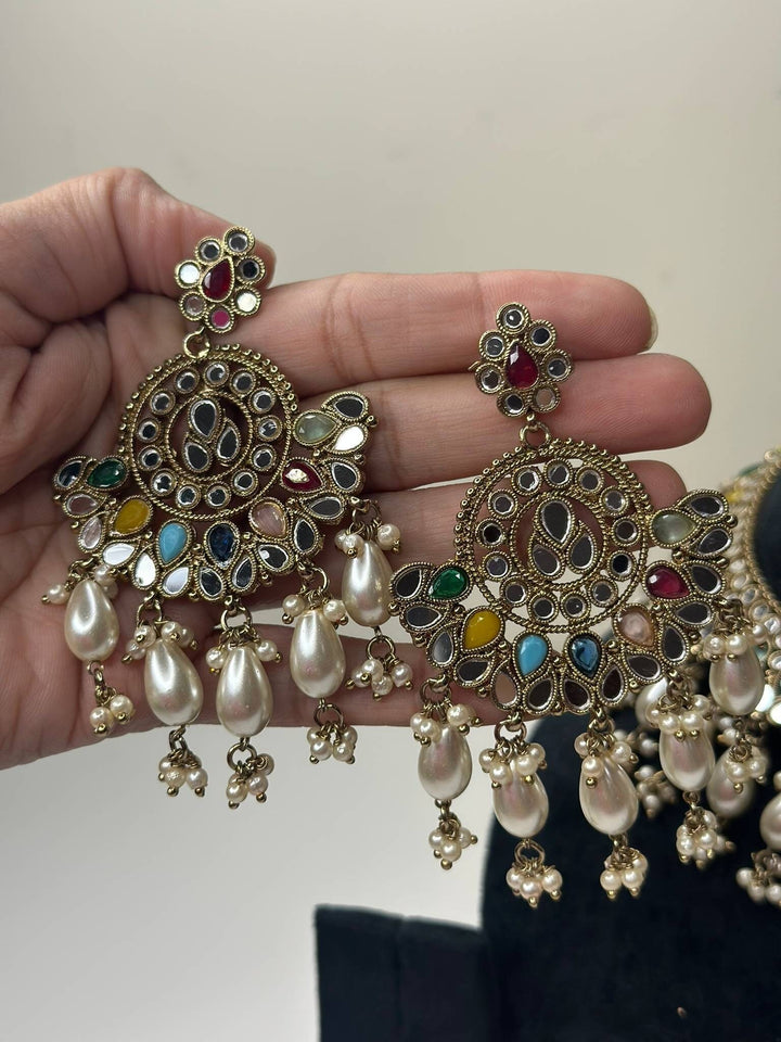 Izhaar Indian Multi Polki Kundan Necklace with Earrings Tikka / Wedding Jewelry/ Traditional Jewelry/ Sheesha Kundan/ Indian Pakistani set