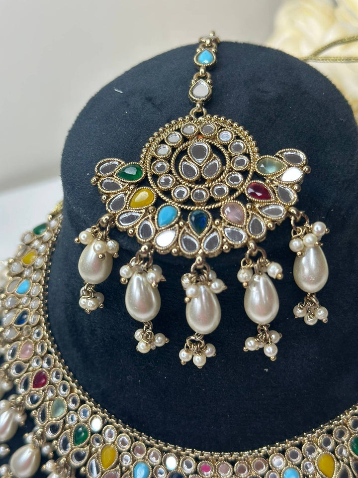 Izhaar Indian Multi Polki Kundan Necklace with Earrings Tikka / Wedding Jewelry/ Traditional Jewelry/ Sheesha Kundan/ Indian Pakistani set
