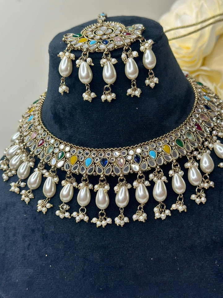Izhaar Indian Multi Polki Kundan Necklace with Earrings Tikka / Wedding Jewelry/ Traditional Jewelry/ Sheesha Kundan/ Indian Pakistani set