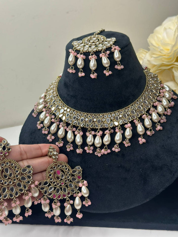 Izhaar Indian B. Pink Polki Kundan Necklace with Earrings Tikka / Wedding Jewelry/ Traditional Jewelry/ Sheesha Kundan/ Indian Pakistani set