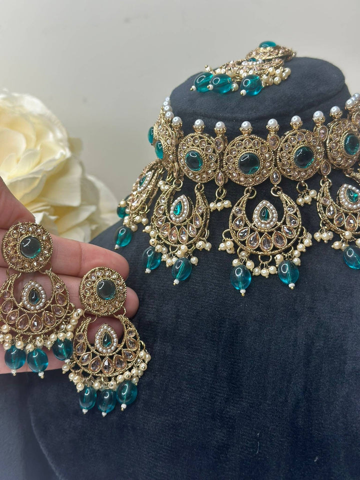 Izhaar Indian Radium Color Polki Reverse AD Necklace with Earrings Tikka/ Wedding Jewelry/ Traditional Jewelry/Wedding/Reverse AD.