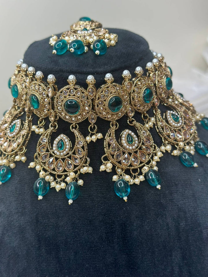 Izhaar Indian Radium Color Polki Reverse AD Necklace with Earrings Tikka/ Wedding Jewelry/ Traditional Jewelry/Wedding/Reverse AD.