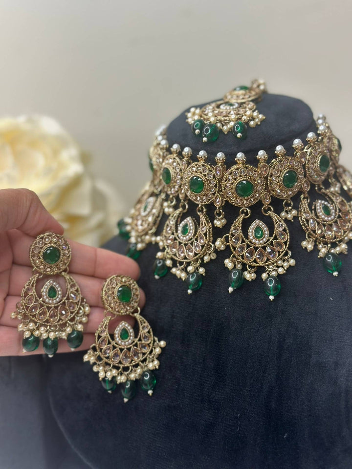 Izhaar Indian Green Color Polki Reverse AD Necklace with Earrings Tikka/ Wedding Jewelry/ Traditional Jewelry/Wedding/Reverse AD.