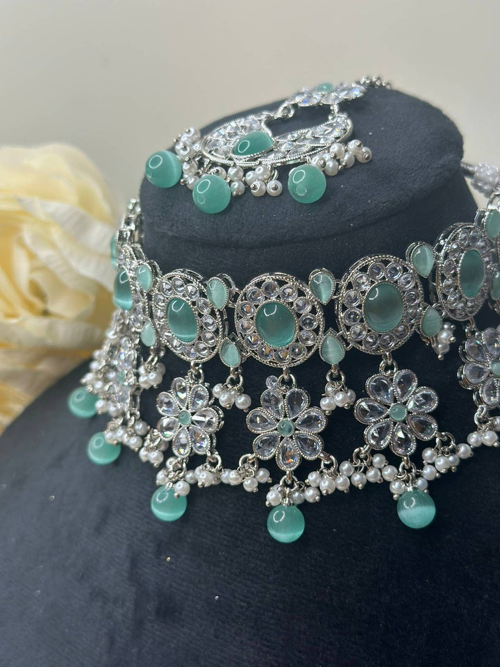 Izhaar Indian Mint Color Polki Reverse AD Necklace with Earrings Tikka/ Wedding Jewelry/ Traditional Jewelry/Wedding/Reverse AD.