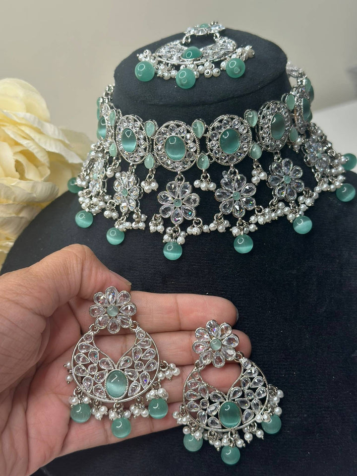 Izhaar Indian Mint Color Polki Reverse AD Necklace with Earrings Tikka/ Wedding Jewelry/ Traditional Jewelry/Wedding/Reverse AD.