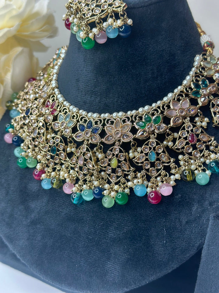 Izhaar Indian Multi Color Polki Reverse AD Necklace with Earrings Tikka/ Wedding Jewelry/ Traditional Jewelry/Wedding/Reverse AD.