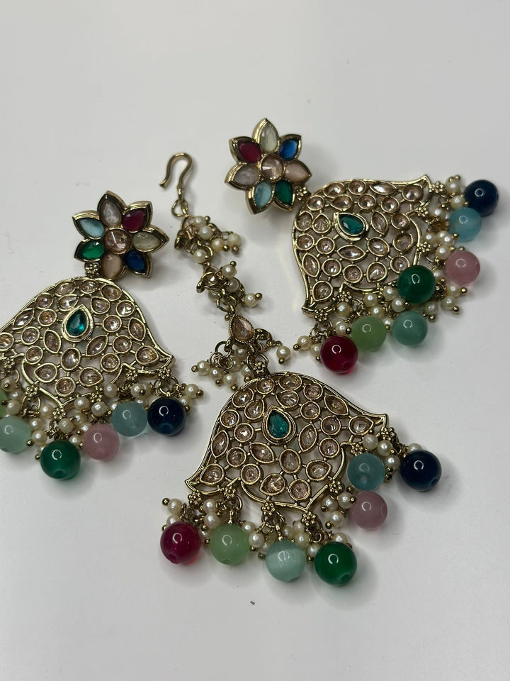 Izhaar Indian Multi Color Polki Reverse AD Necklace with Earrings Tikka/ Wedding Jewelry/ Traditional Jewelry/Wedding/Reverse AD.