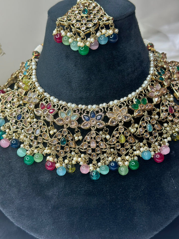 Izhaar Indian Multi Color Polki Reverse AD Necklace with Earrings Tikka/ Wedding Jewelry/ Traditional Jewelry/Wedding/Reverse AD.