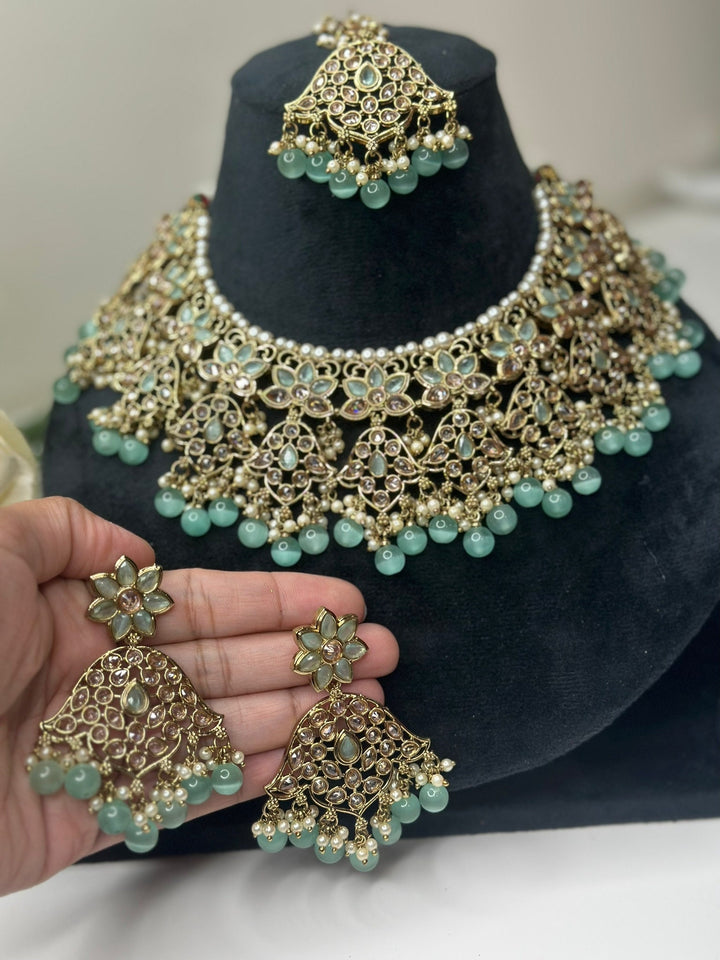 Izhaar Indian Mint Color Polki Reverse AD Necklace with Earrings Tikka/ Wedding Jewelry/ Traditional Jewelry/Wedding/Reverse AD.