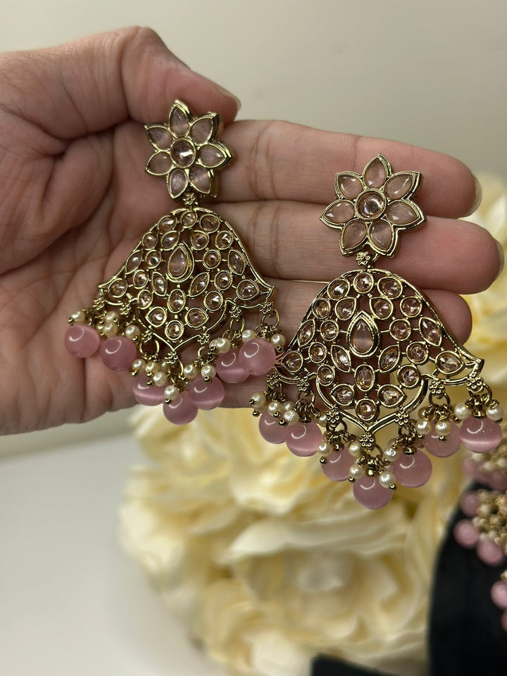 Izhaar Indian L. Pink Color Polki Reverse AD Necklace with Earrings Tikka/ Wedding Jewelry/ Traditional Jewelry/Wedding/Reverse AD.