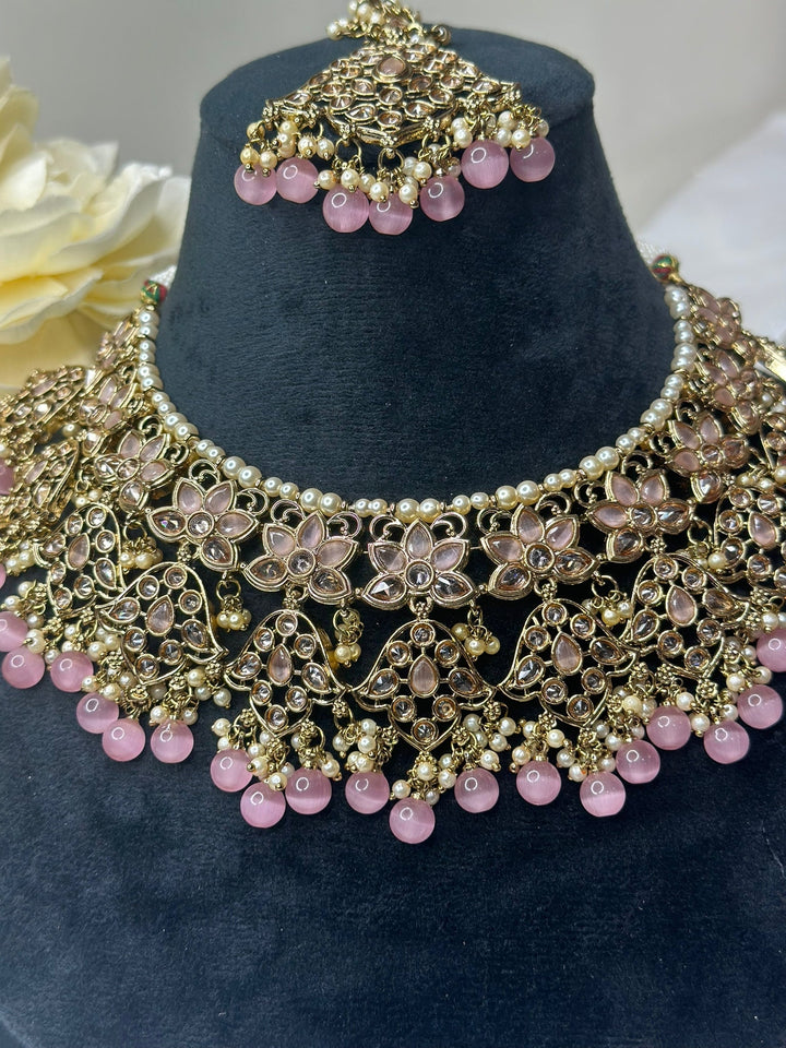 Izhaar Indian L. Pink Color Polki Reverse AD Necklace with Earrings Tikka/ Wedding Jewelry/ Traditional Jewelry/Wedding/Reverse AD.