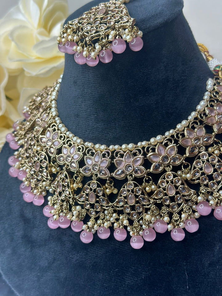 Izhaar Indian L. Pink Color Polki Reverse AD Necklace with Earrings Tikka/ Wedding Jewelry/ Traditional Jewelry/Wedding/Reverse AD.