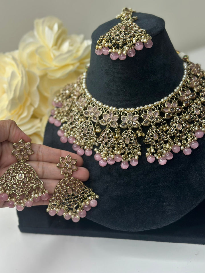Izhaar Indian L. Pink Color Polki Reverse AD Necklace with Earrings Tikka/ Wedding Jewelry/ Traditional Jewelry/Wedding/Reverse AD.