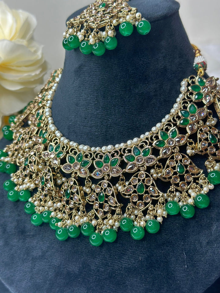 Izhaar Indian Green Color Polki Reverse AD Necklace with Earrings Tikka/ Wedding Jewelry/ Traditional Jewelry/Wedding/Reverse AD.