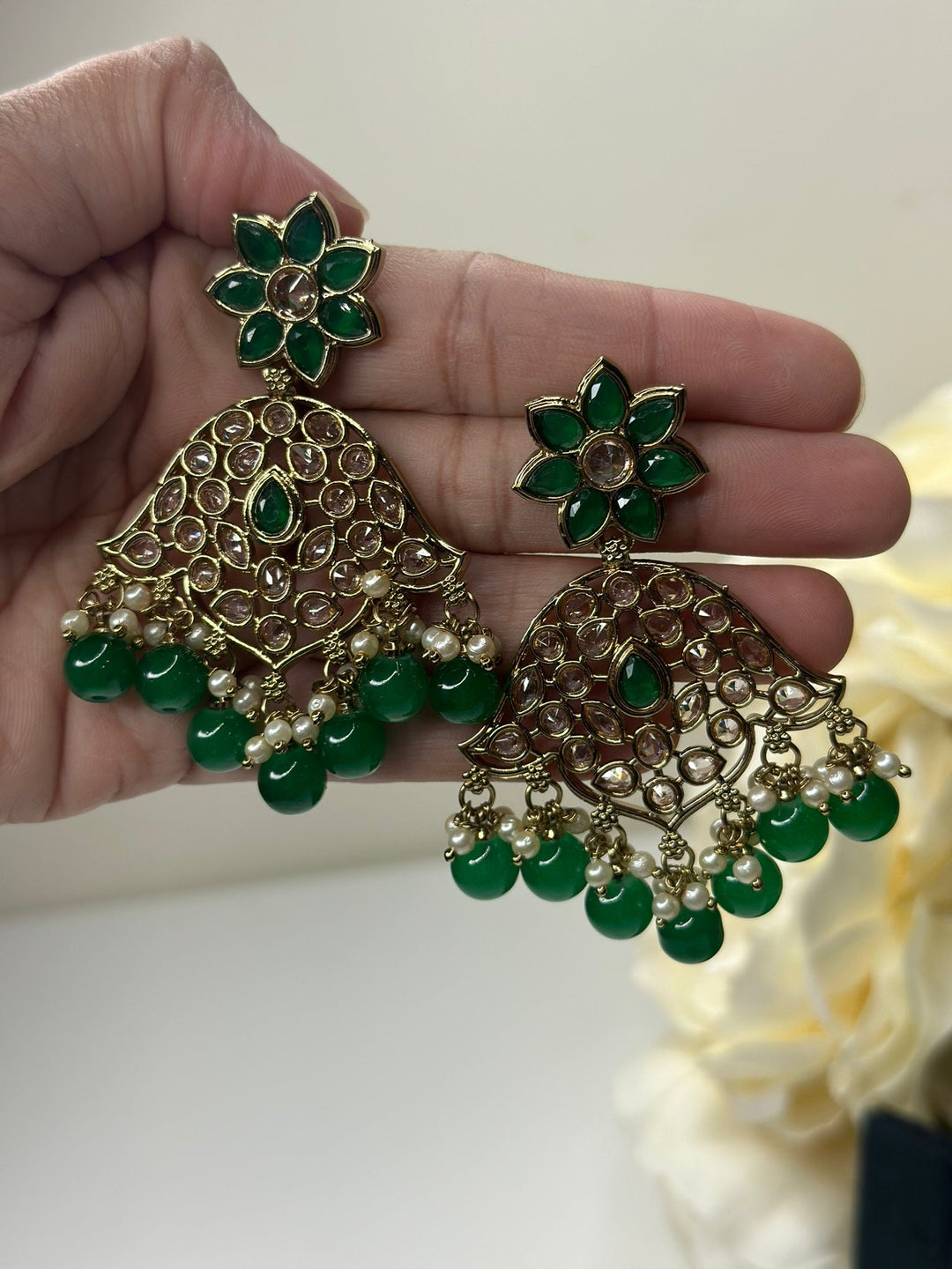Izhaar Indian Green Color Polki Reverse AD Necklace with Earrings Tikka/ Wedding Jewelry/ Traditional Jewelry/Wedding/Reverse AD.