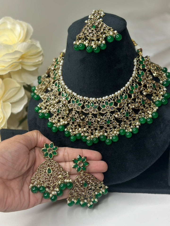 Izhaar Indian Green Color Polki Reverse AD Necklace with Earrings Tikka/ Wedding Jewelry/ Traditional Jewelry/Wedding/Reverse AD.
