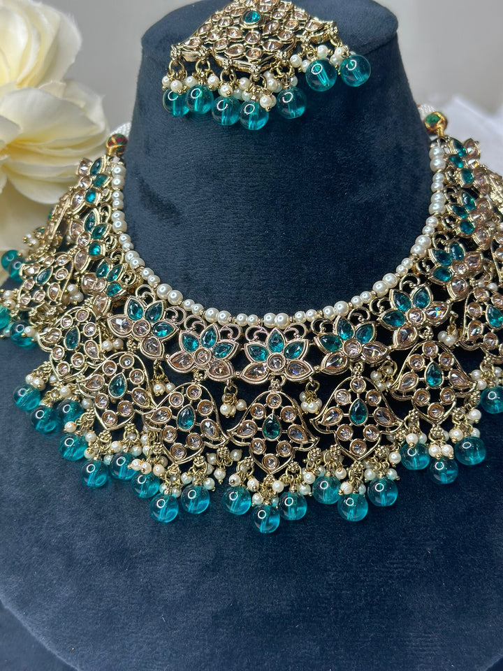 Izhaar Indian Radium Color Polki Reverse AD Necklace with Earrings Tikka/ Wedding Jewelry/ Traditional Jewelry/Wedding/Reverse AD.