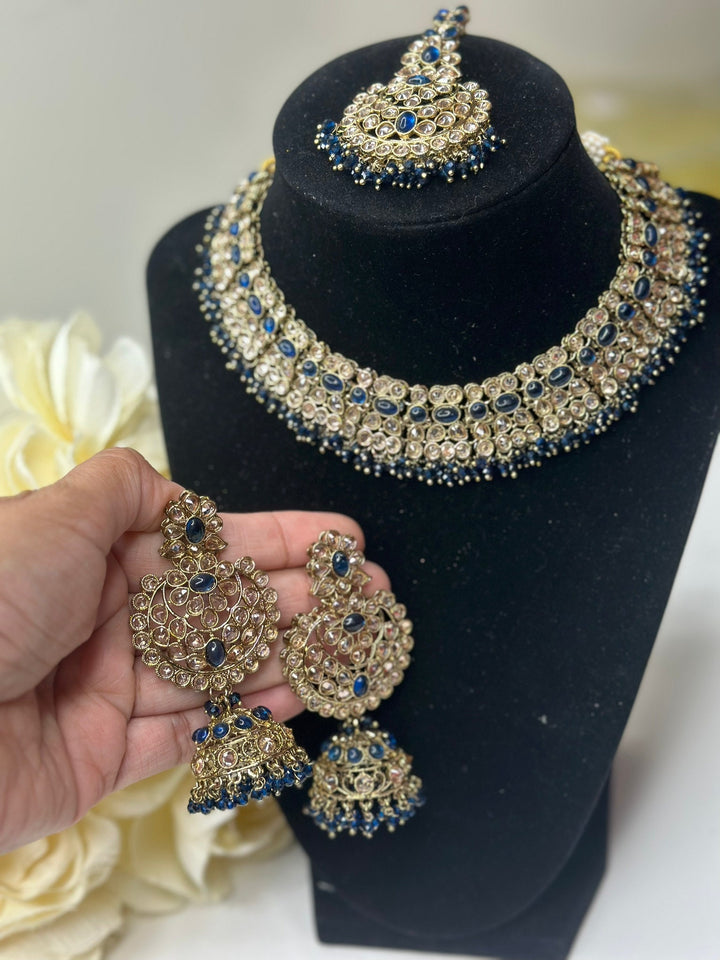 Izhaar Indian Polki Reverse AD Blue Color Necklace with Earrings Tikka / Wedding Jewelry/ Traditional Jewelry/Wedding set/Reverse AD.