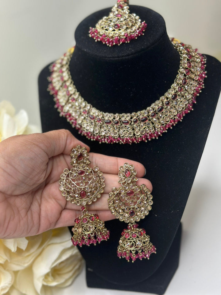 Izhaar Indian Polki Reverse AD Pink Color Necklace with Earrings Tikka / Wedding Jewelry/ Traditional Jewelry/Wedding set/Reverse AD.