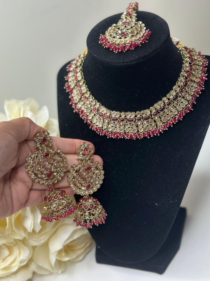 Izhaar Indian Polki Reverse AD Pink Color Necklace with Earrings Tikka / Wedding Jewelry/ Traditional Jewelry/Wedding set/Reverse AD.