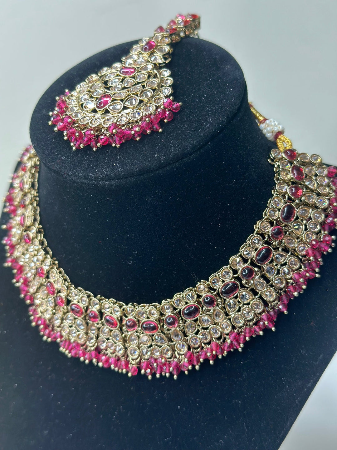 Izhaar Indian Polki Reverse AD Pink Color Necklace with Earrings Tikka / Wedding Jewelry/ Traditional Jewelry/Wedding set/Reverse AD.