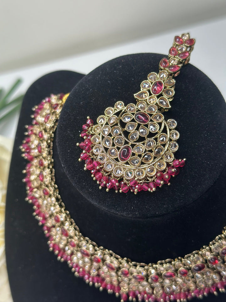 Izhaar Indian Polki Reverse AD Pink Color Necklace with Earrings Tikka / Wedding Jewelry/ Traditional Jewelry/Wedding set/Reverse AD.