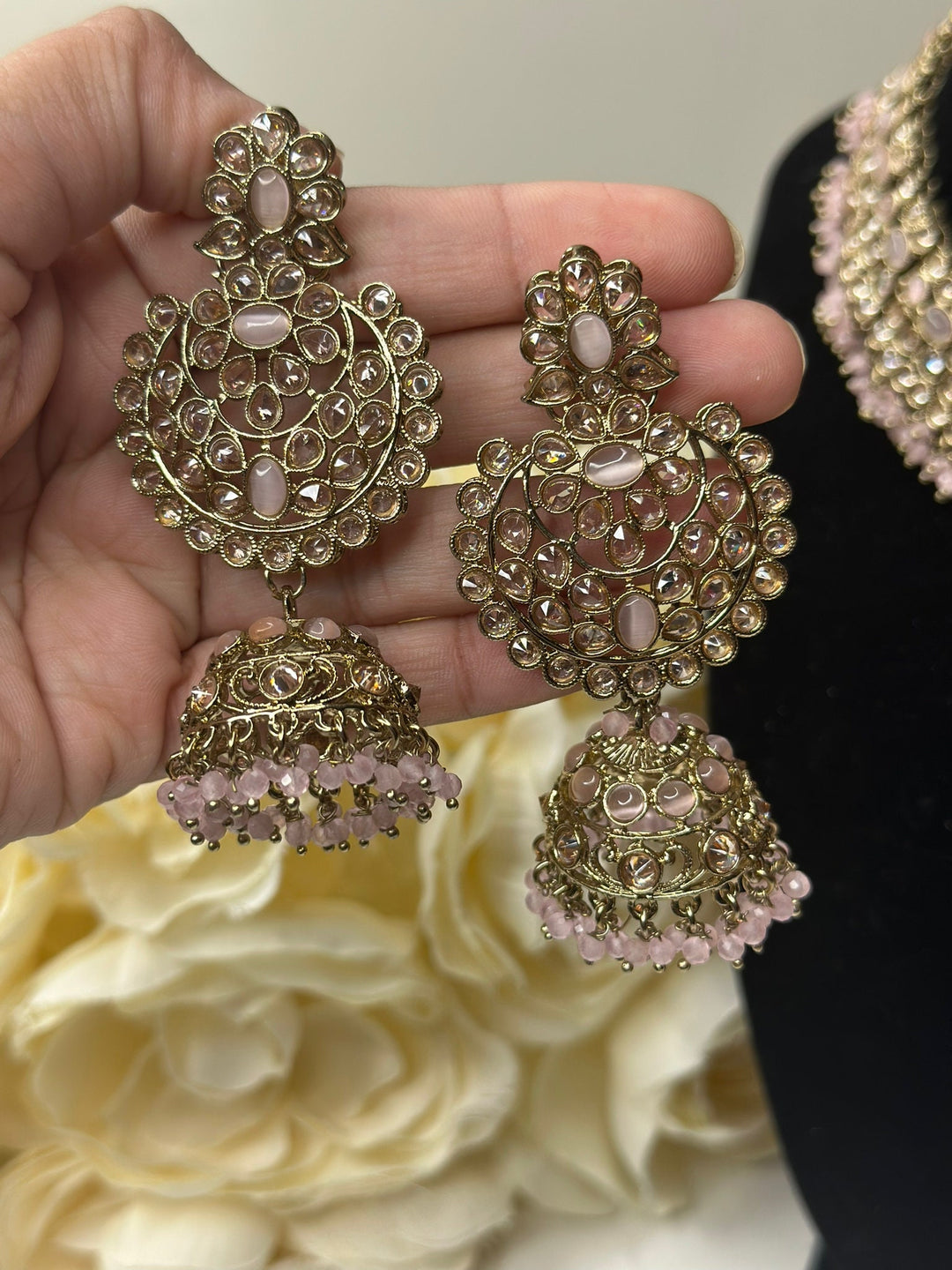 Izhaar Indian Polki Reverse AD B. Pink Color Necklace with Earrings Tikka / Wedding Jewelry/ Traditional Jewelry/Wedding set/Reverse AD.